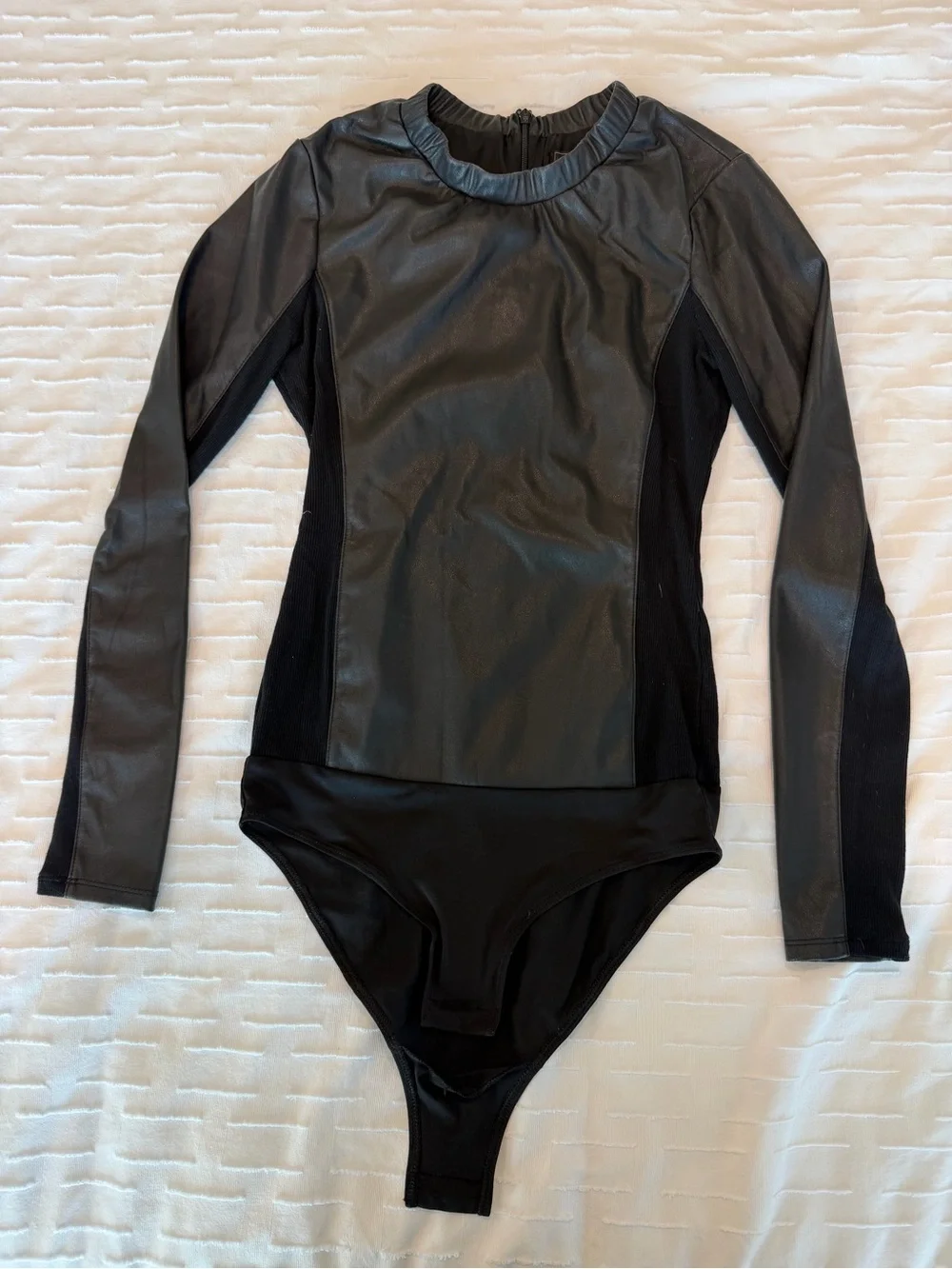 Black Faux-Leather Long Sleeve One-Piece Bodysuit
